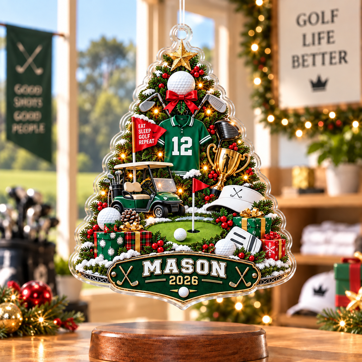 Custom Name Number Year Golf Tree Acrylic Ornament, Christmas Ornaments, Golfer Gifts