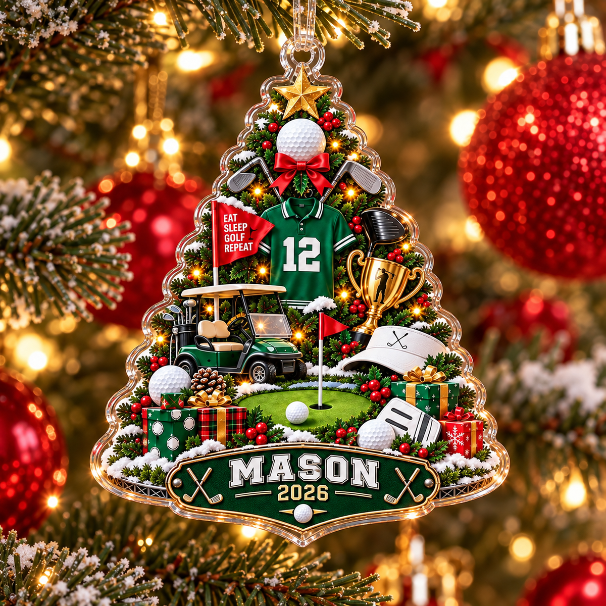 Custom Name Number Year Golf Tree Acrylic Ornament, Christmas Ornaments, Golfer Gifts