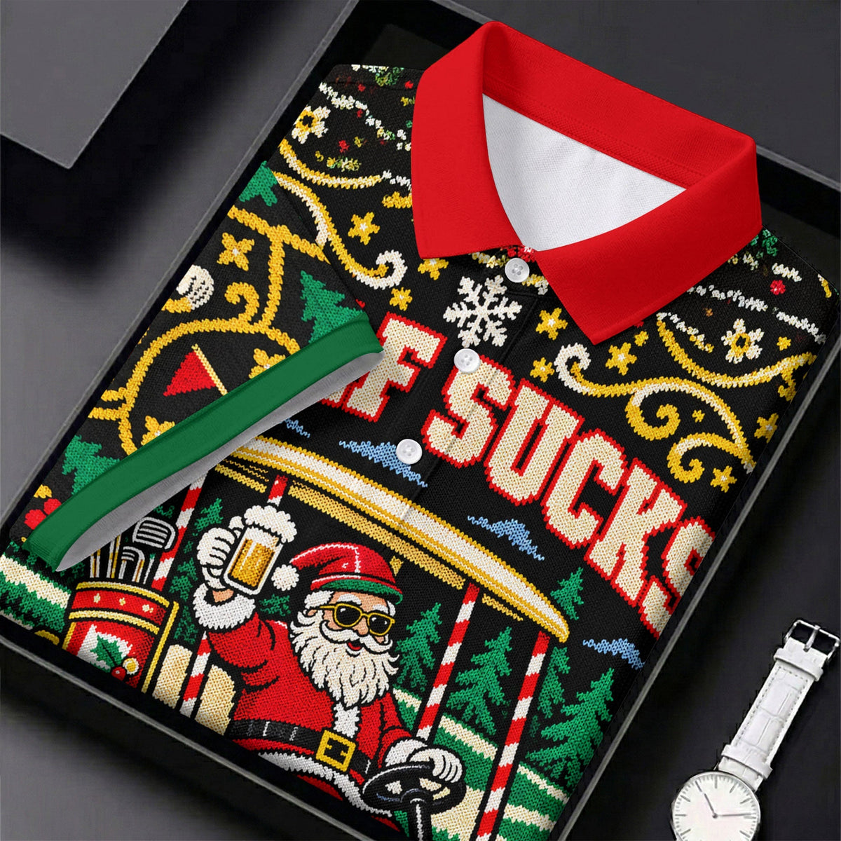 Golf Sucks Santa Cart Christmas Golf Shirt, Mens Golf Polo, Funny Mens Golf Shirts