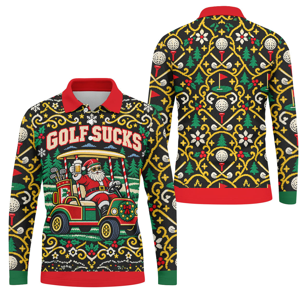 Golf Sucks Santa Cart Christmas Golf Shirt, Mens Golf Polo, Funny Mens Golf Shirts