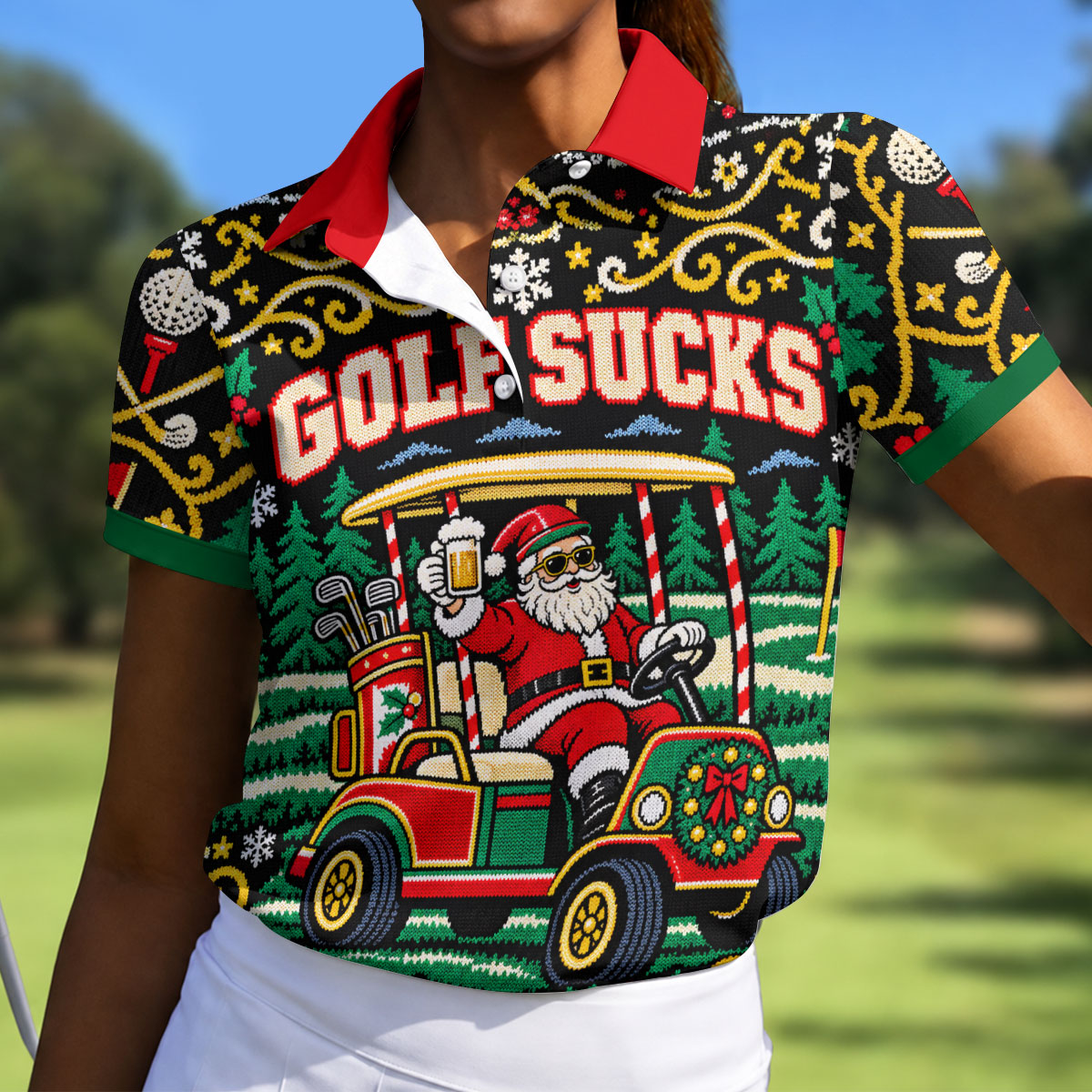 Golf Sucks Santa Cart Christmas Golf Shirt, Womens Golf Tops, Ladies Golf Shirts