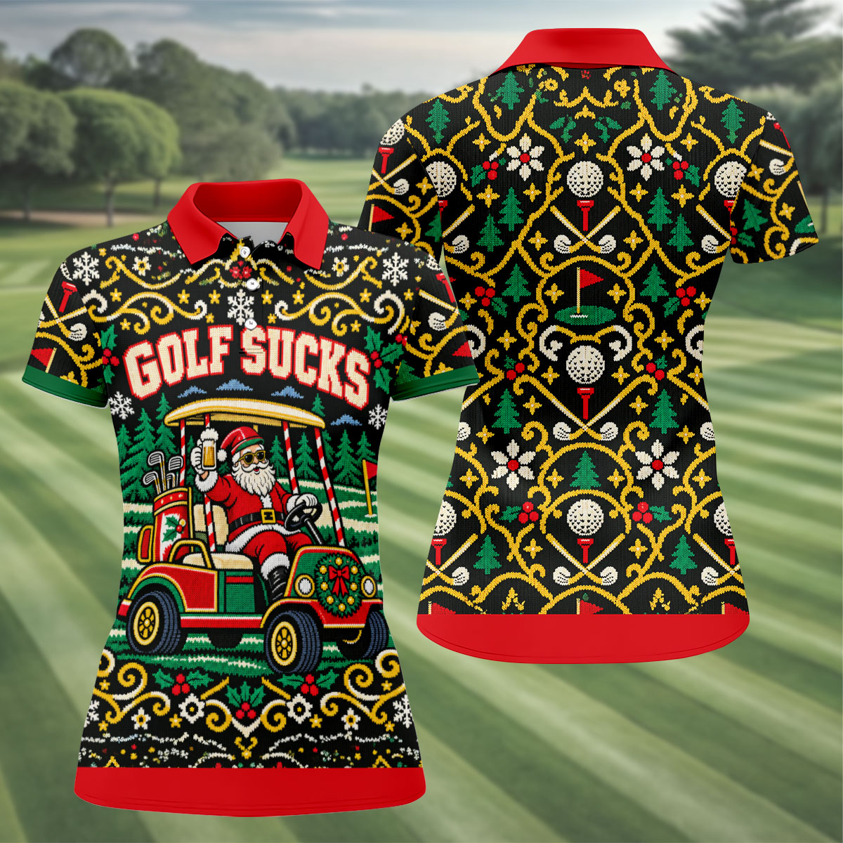 Golf Sucks Santa Cart Christmas Golf Shirt, Womens Golf Tops, Ladies Golf Shirts