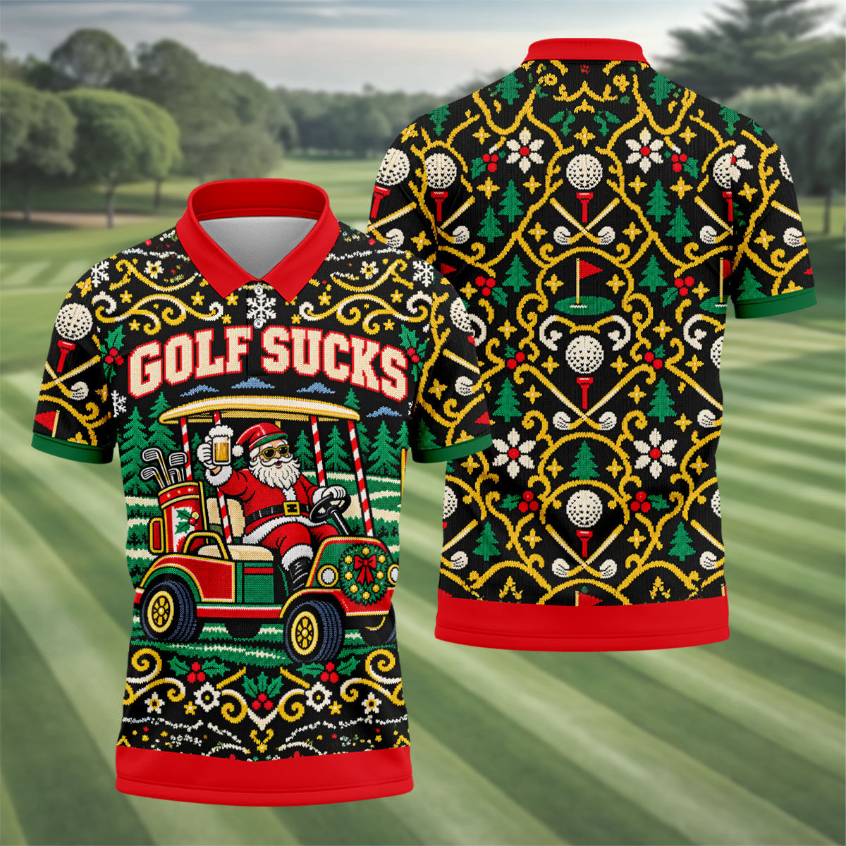 Golf Sucks Santa Cart Christmas Golf Shirt, Mens Golf Polo, Funny Mens Golf Shirts