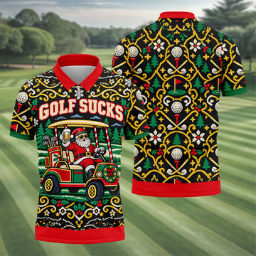 Golf Sucks Santa Cart Christmas Golf Shirt, Mens Golf Polo, Funny Mens Golf Shirts