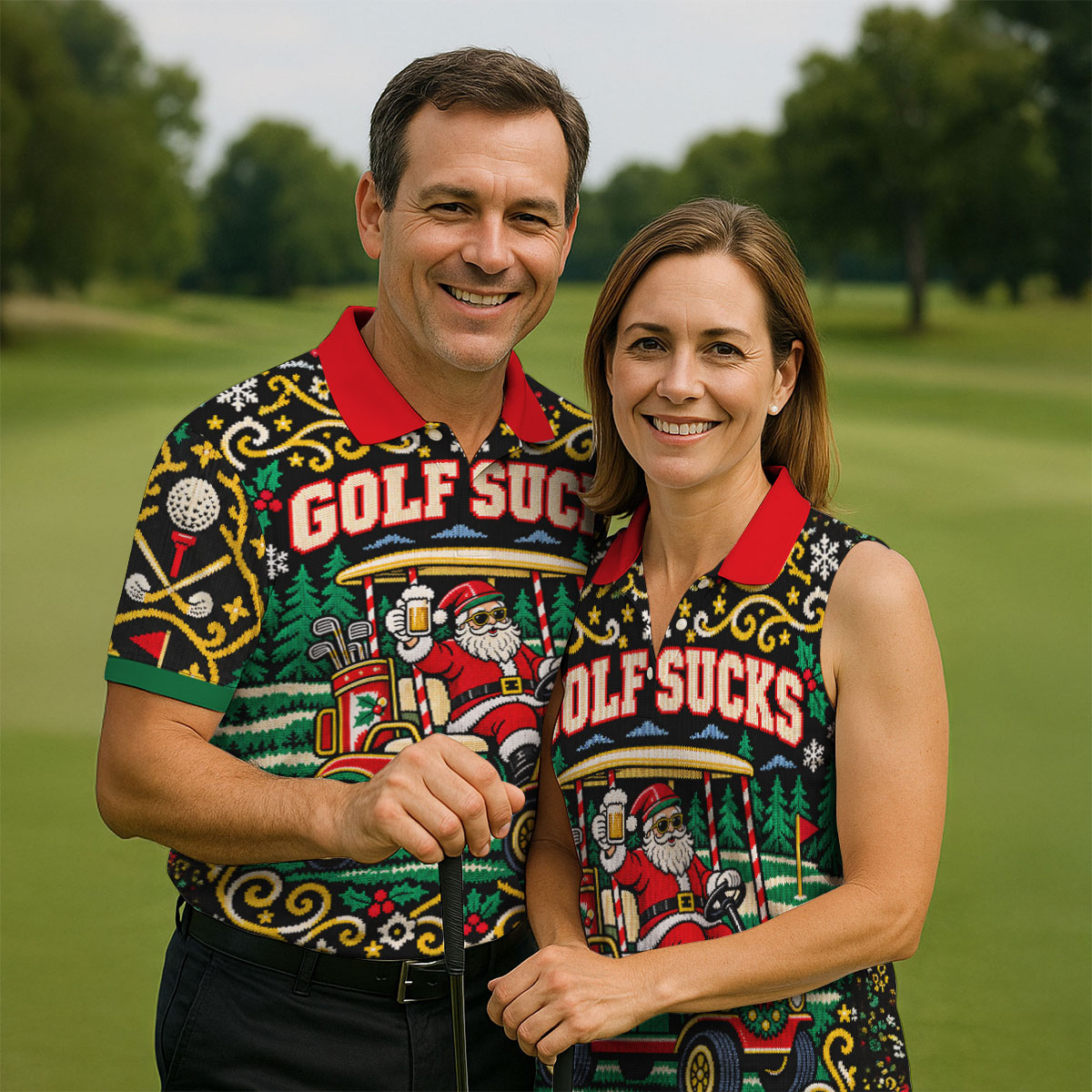 Golf Sucks Santa Cart Christmas Golf Shirt, Mens Golf Polo, Funny Mens Golf Shirts