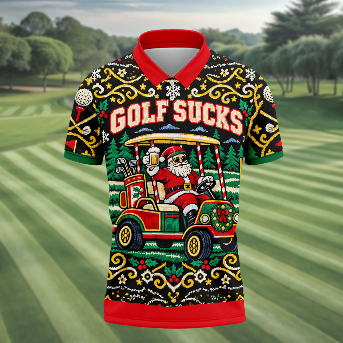 Golf Sucks Santa Cart Christmas Golf Shirt, Mens Golf Polo, Funny Mens Golf Shirts