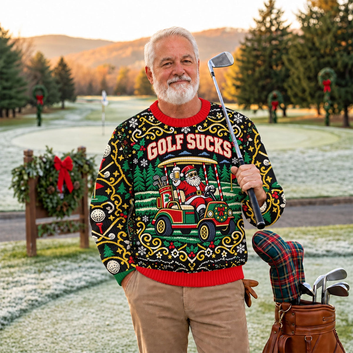 Golf Sucks Santa Cart Ugly Christmas Sweater, Ugly Sweater Party, Christmas Golf Gift
