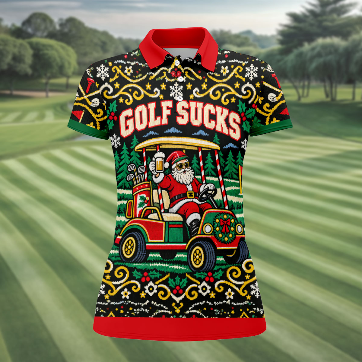 Golf Sucks Santa Cart Christmas Golf Shirt, Womens Golf Tops, Ladies Golf Shirts
