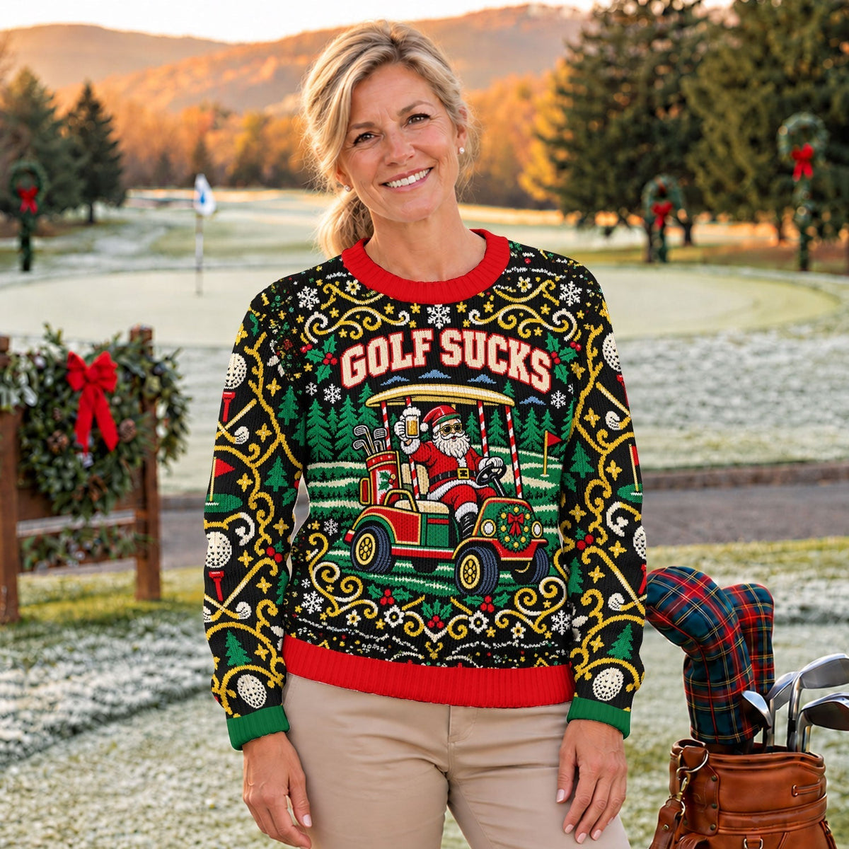 Golf Sucks Santa Cart Ugly Christmas Sweater, Ugly Sweater Party, Christmas Golf Gift