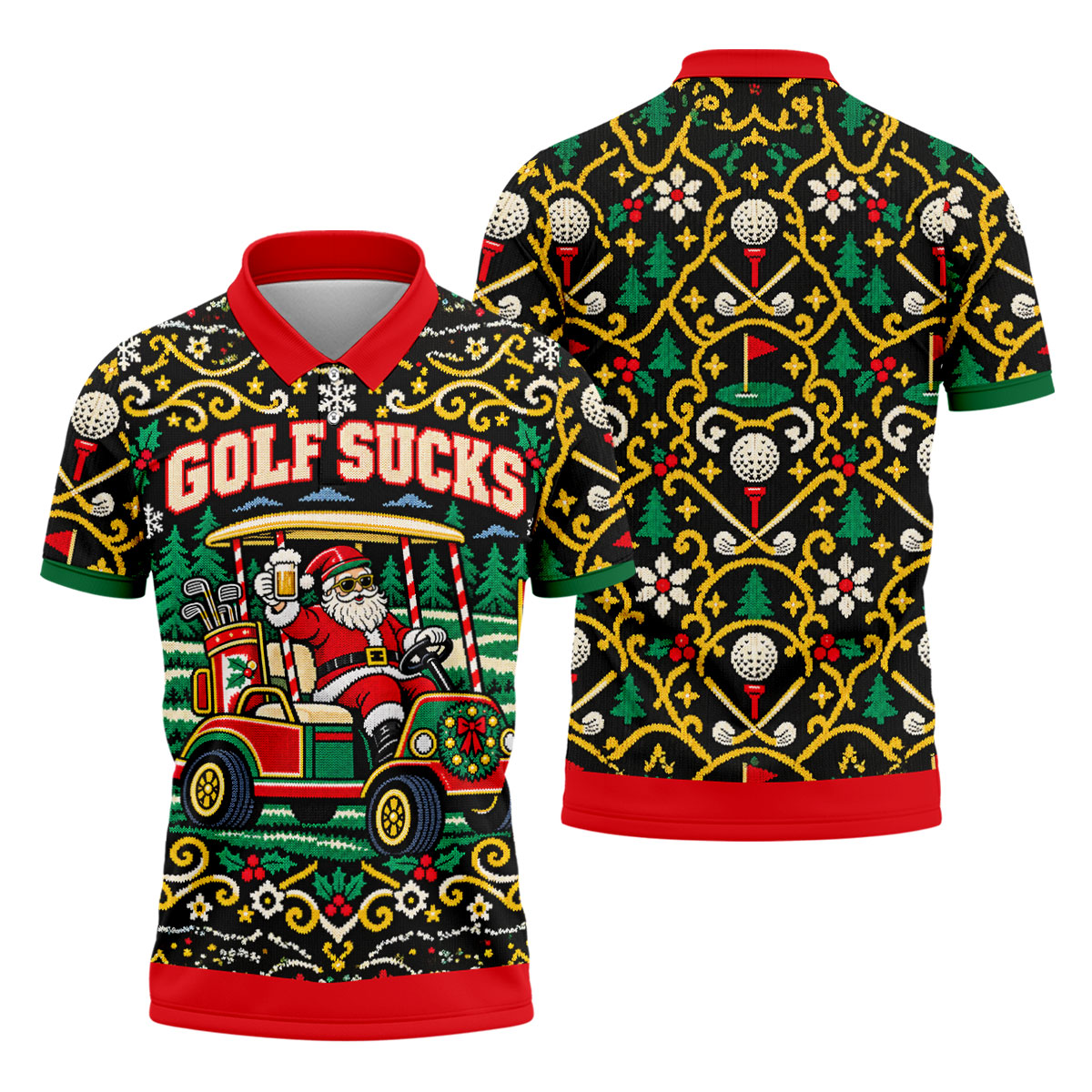 Golf Sucks Santa Cart Christmas Golf Shirt, Mens Golf Polo, Funny Mens Golf Shirts