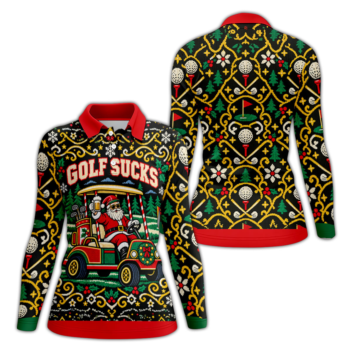 Golf Sucks Santa Cart Christmas Golf Shirt, Womens Golf Tops, Ladies Golf Shirts