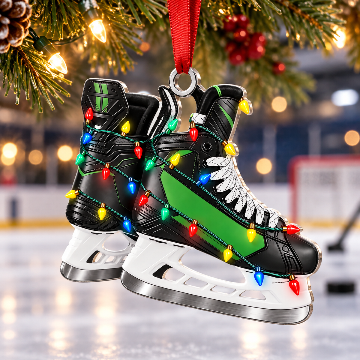 Custom Name Green Hockey Skates Acrylic Ornament, Christmas Ornaments, Hockey Gifts