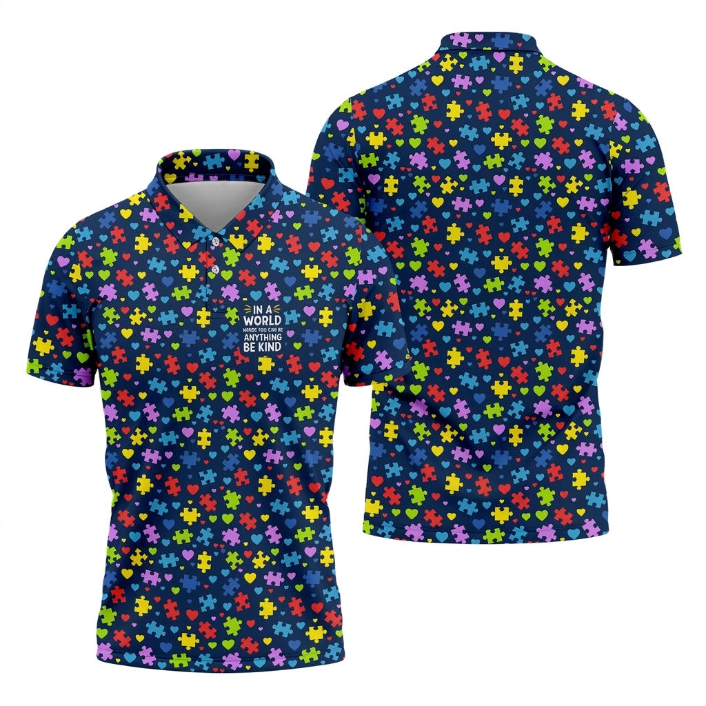 In A World Where You Can Be Anything Be Kind Autism Awareness Puzzle Pattern Navy Golf Shirt, Polo Shirts For Men