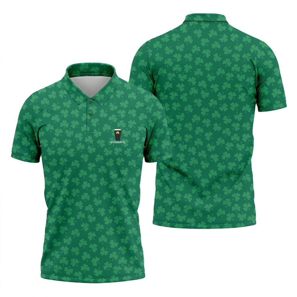 Vitamin G Shamrock Pattern Golf And Beer Green Golf Shirt, St Patrick's Day Golf Shirt, Polo Shirts For Men