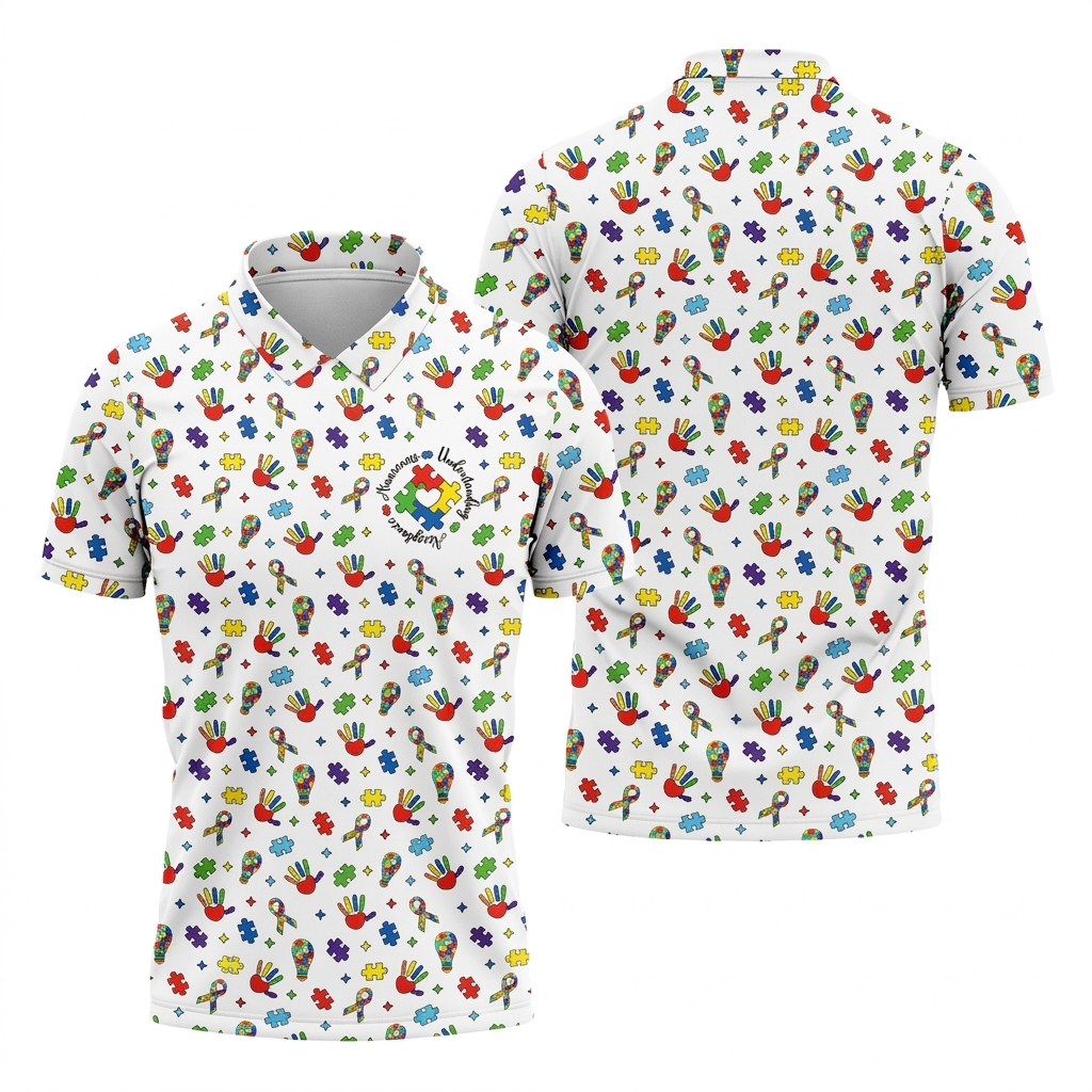 Awareness Understanding Acceptance Autism White Golf Shirt, Autism Awareness Colors Golf Shirts For Men