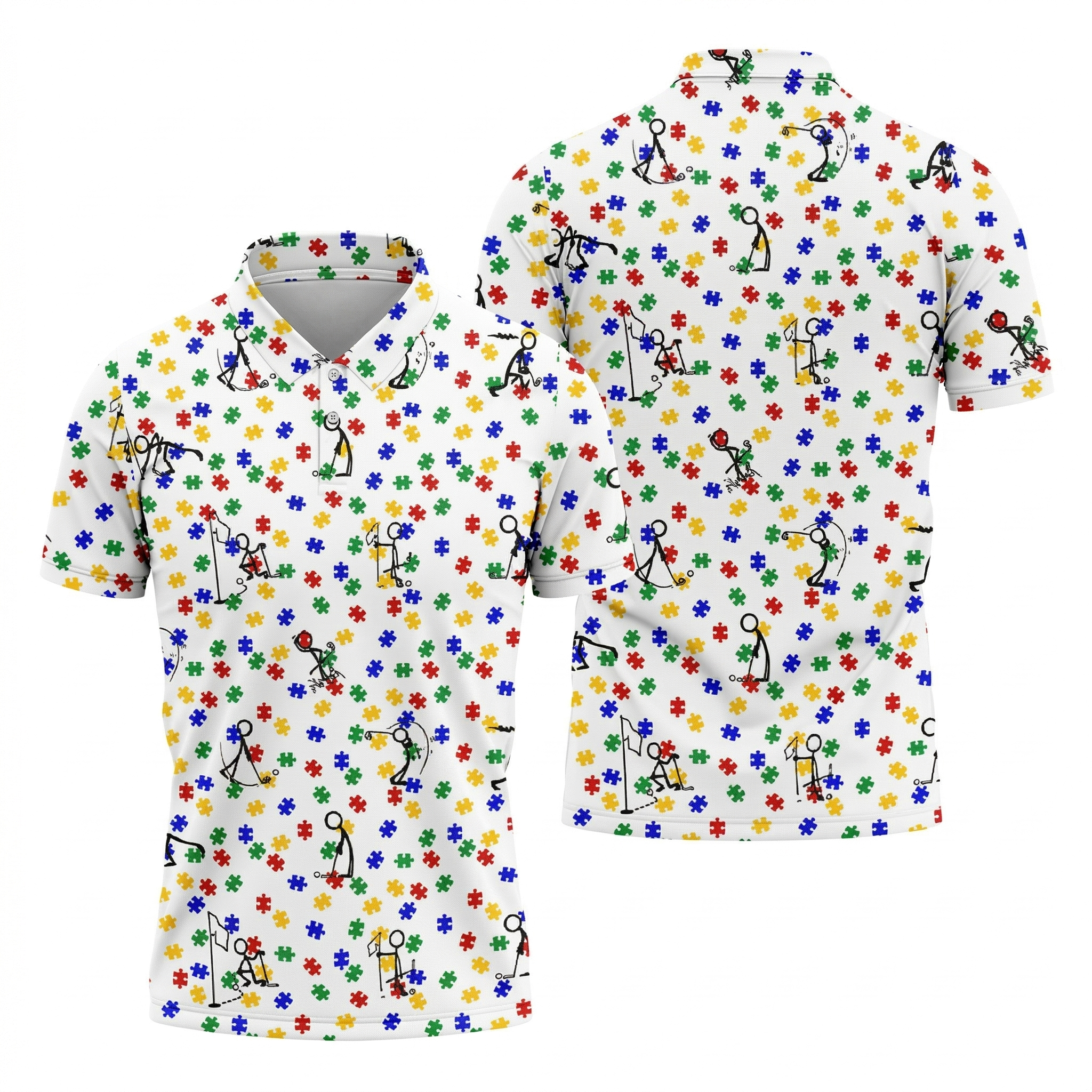 Funny Stick Figure Autism Puzzle Polo Shirts For Men, Autism Awareness Golf Shirt, Golfing Apparel