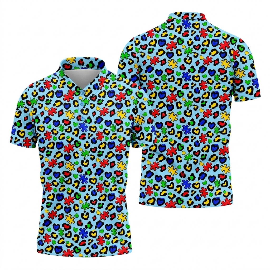 Autism Awareness Color Leopard Pattern Blue Golf Shirt, Golf Tops For Men, Polo Shirts For Men, Golf Shirts For Men