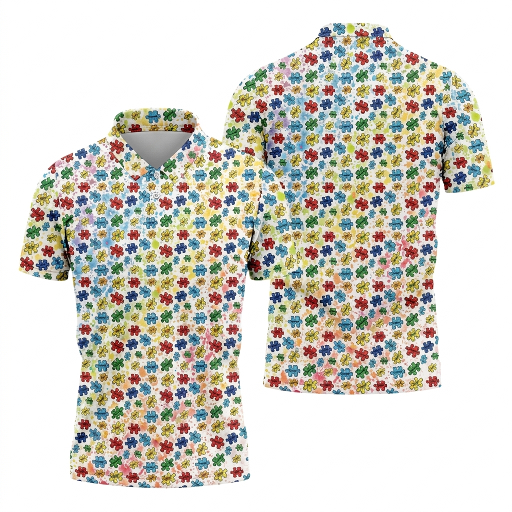 Autism Awareness Jigsaw Puzzle Pieces Rainbow Paint Splatter Men's Golf Shirt, Polo Shirts For Men