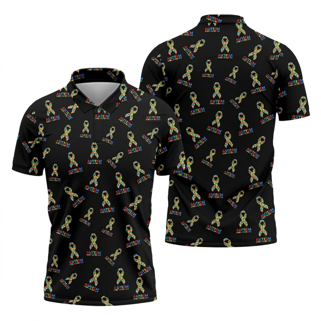 Autism Awareness Colors Autism Ribbon Black Golf Shirt, Golf Tops For Men, Golf Shirts For Men