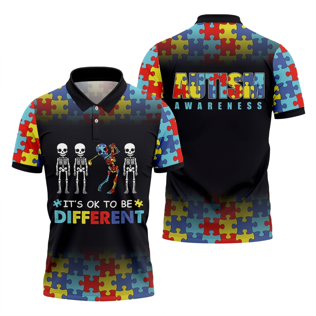 It's Ok To Be Different Men Polo Shirt, Autism Awareness Puzzle Pattern Black Fade Golf Shirts For Men, Autism Golf Shirt