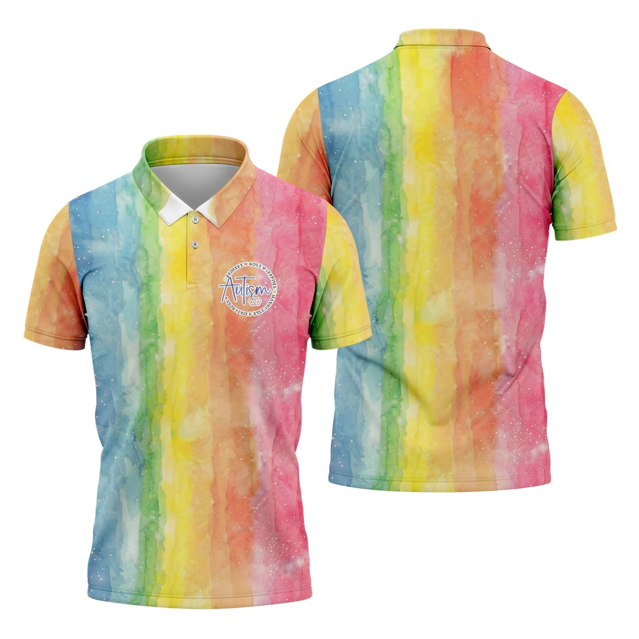 Autism Awareness Watercolor Rainbow Men's Golf Shirt, Polo Shirts For Men, Golf Shirts For Men