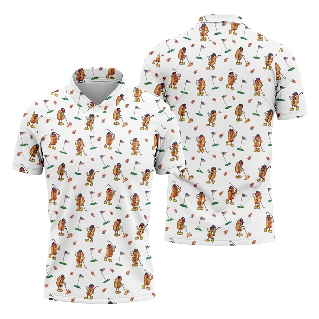 Funny Hot Dog Golfing White Polo Shirt - Patriotic USA Flag Pattern Men's Golf Shirt, 250th Anniversary All-Over Print