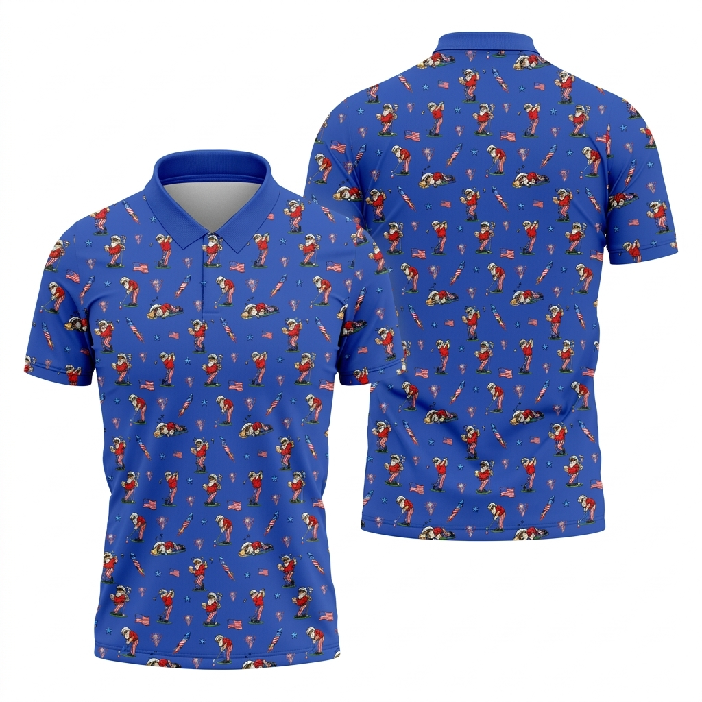 Funny Uncle Sam Golfing & Beer Blue Polo Shirt - Patriotic 4th of July Men's Golf Shirt, 250th Anniversary All-Over Print
