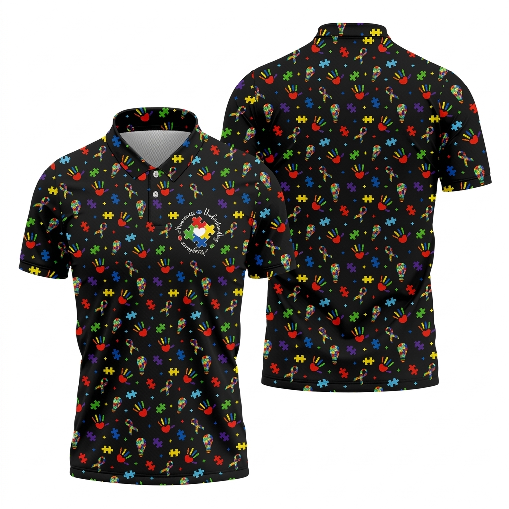 Awareness Understanding Acceptance Autism Ribbon Black Golf Shirt, Autism Awareness Colors Golf Shirts For Men