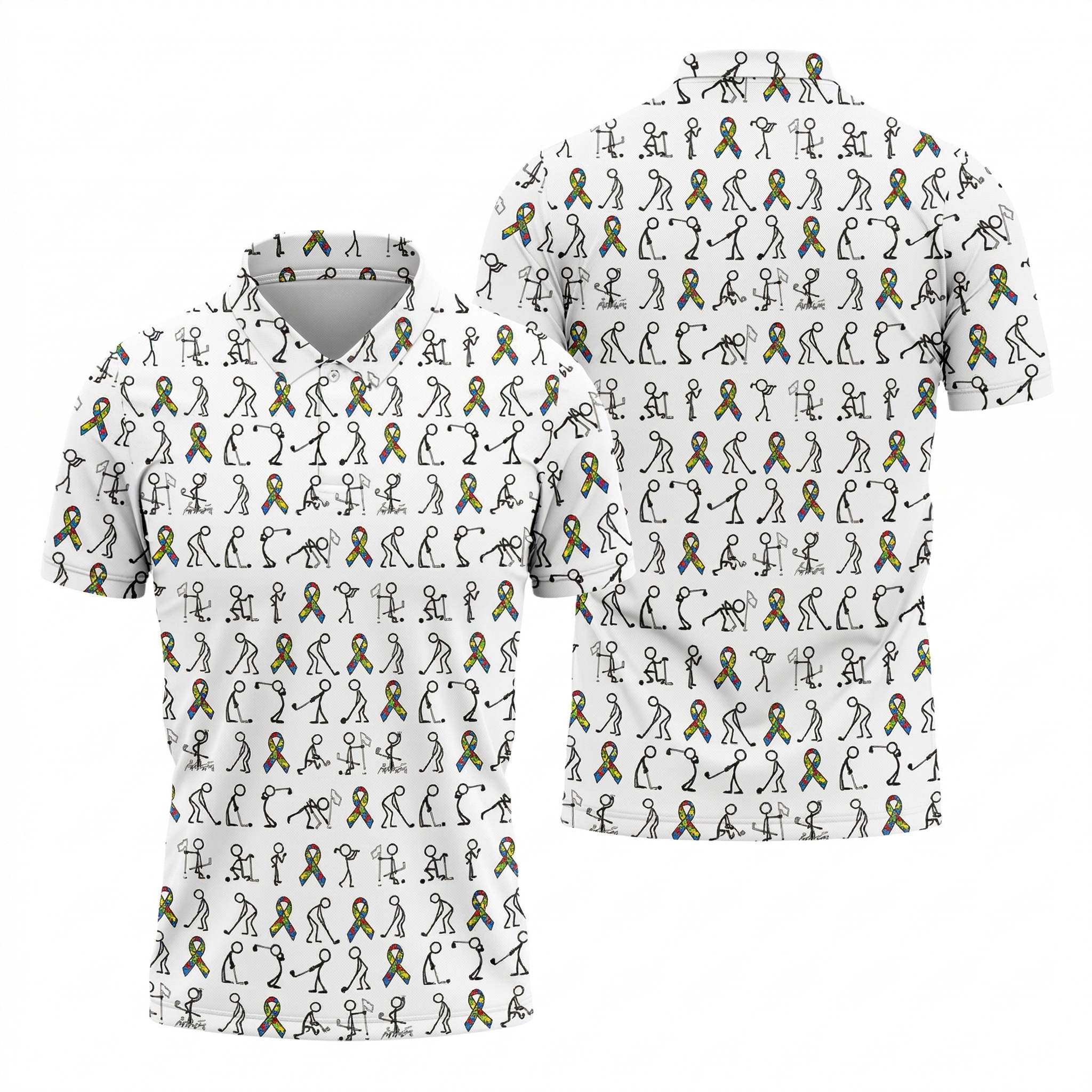 Stick Figure Golf Pose Autism Ribbon White Golf Shirt, Autism Awareness Colors Golf Shirts For Men
