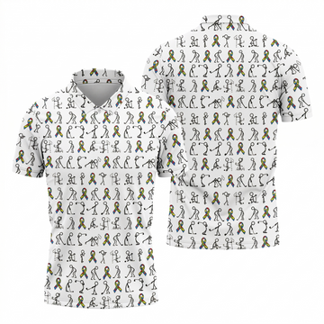 Stick Figure Golf Pose Autism Ribbon White Golf Shirt, Autism Awareness Colors Golf Shirts For Men
