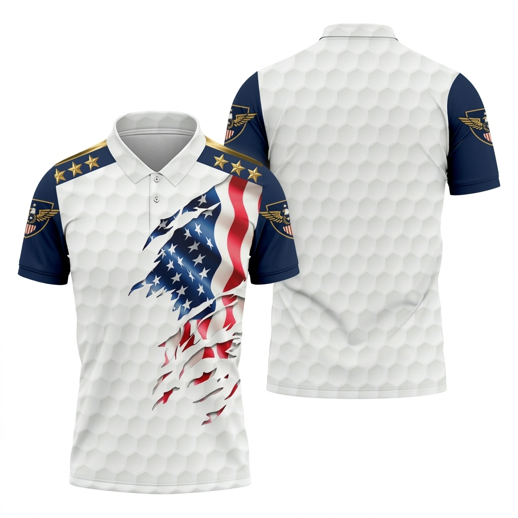 Rugged Ripped American Flag Golf Polo - Men's White Hexagon Pattern Patriotic Shirt, 250th Anniversary Gold Stars Polo