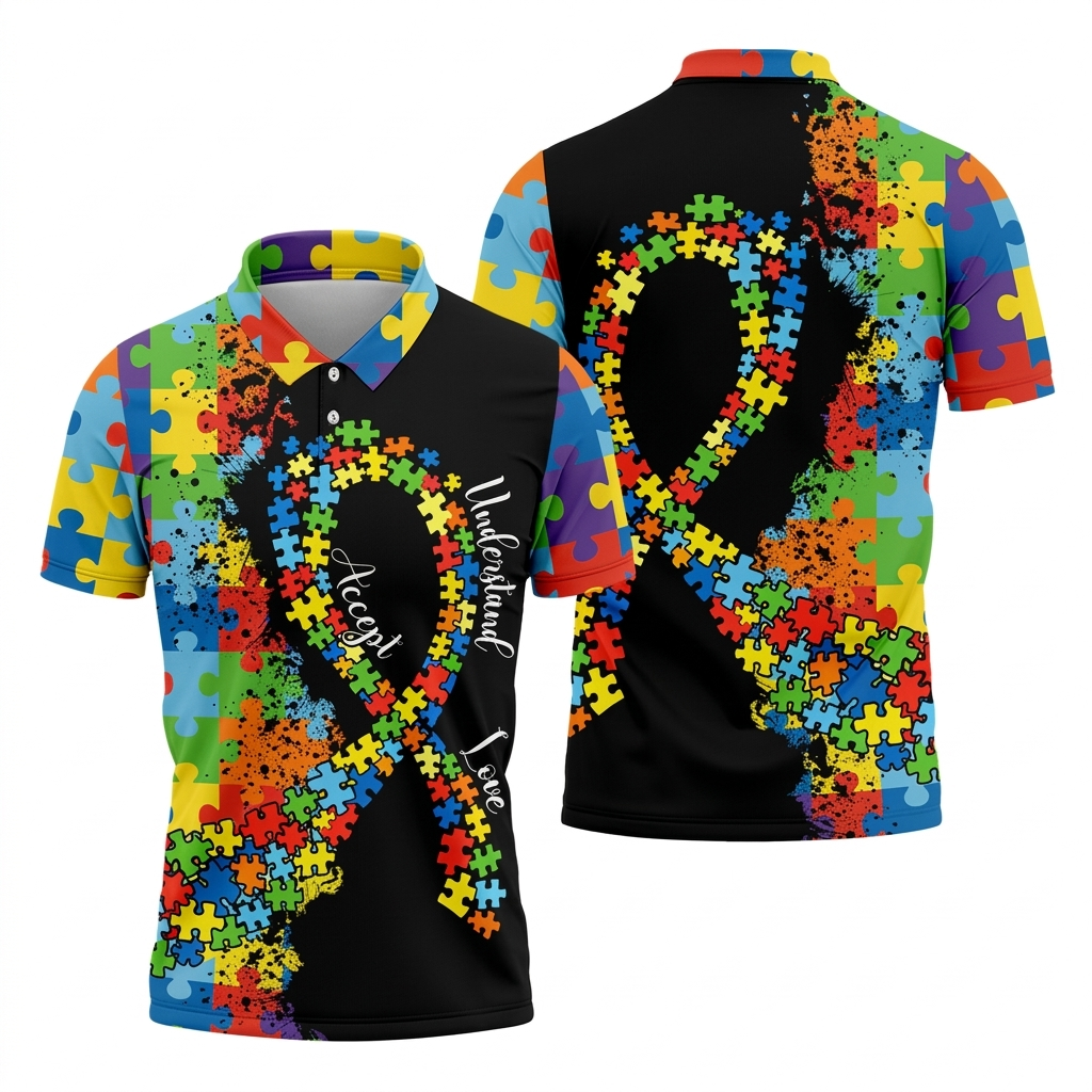 Accept Love Understand Autism Awareness Colors Autism Ribbon Golf Tops For Men, Golf Shirts For Men