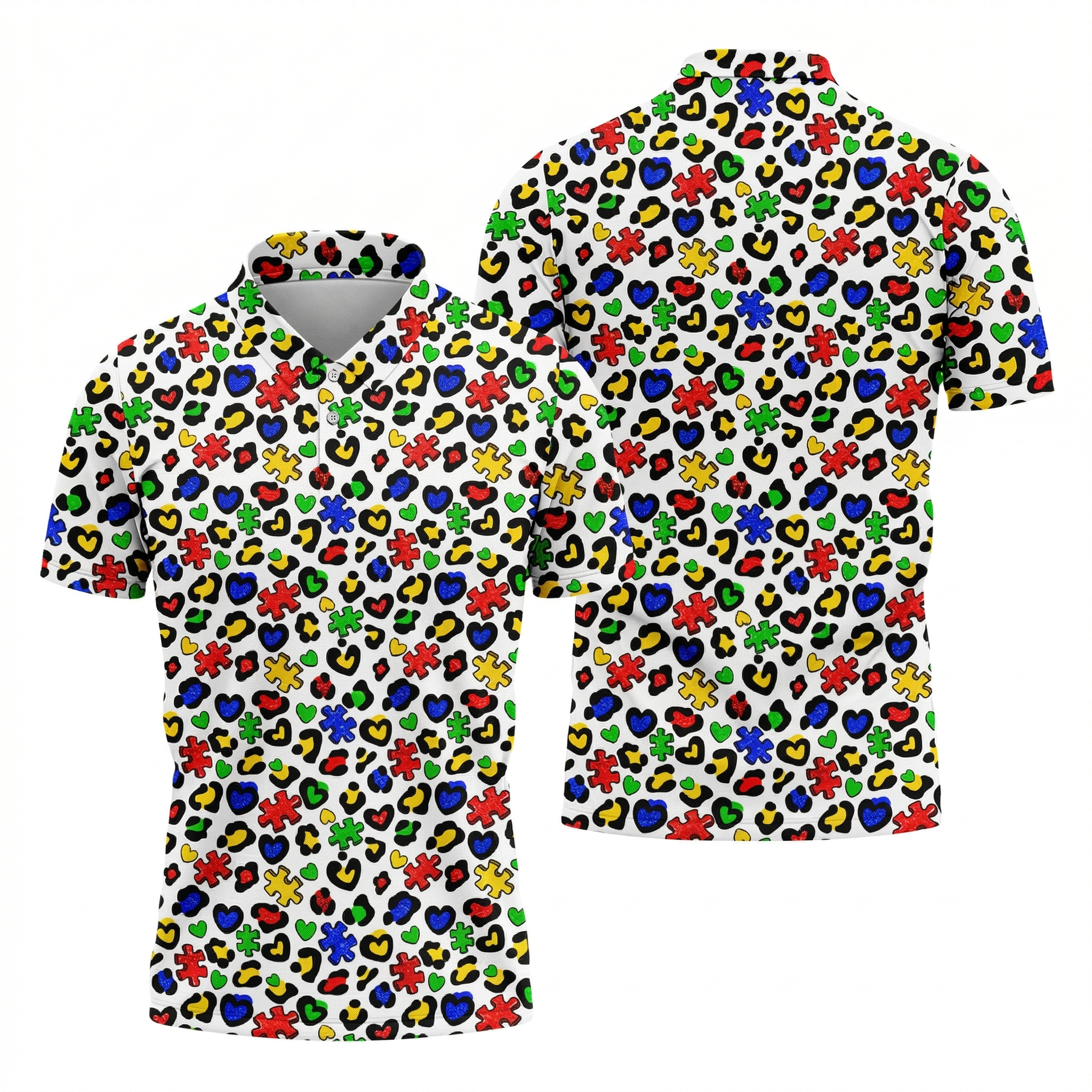 Autism Awareness Color Leopard Pattern White Golf Shirt, Golf Tops For Men, Polo Shirts For Men, Golf Shirts For Men