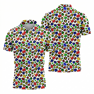 Autism Awareness Color Leopard Pattern White Golf Shirt, Golf Tops For Men, Polo Shirts For Men, Golf Shirts For Men