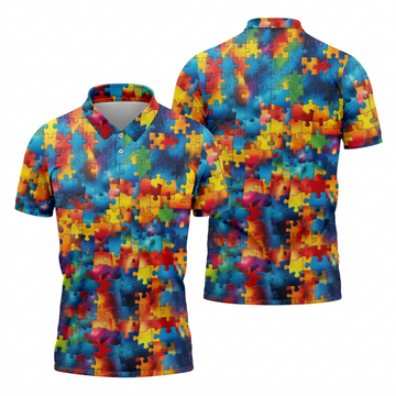 Autism Awareness Rainbow Gradient Puzzle Pattern Golf Tops For Men, Men's Golf Shirt, Polo Shirts For Men