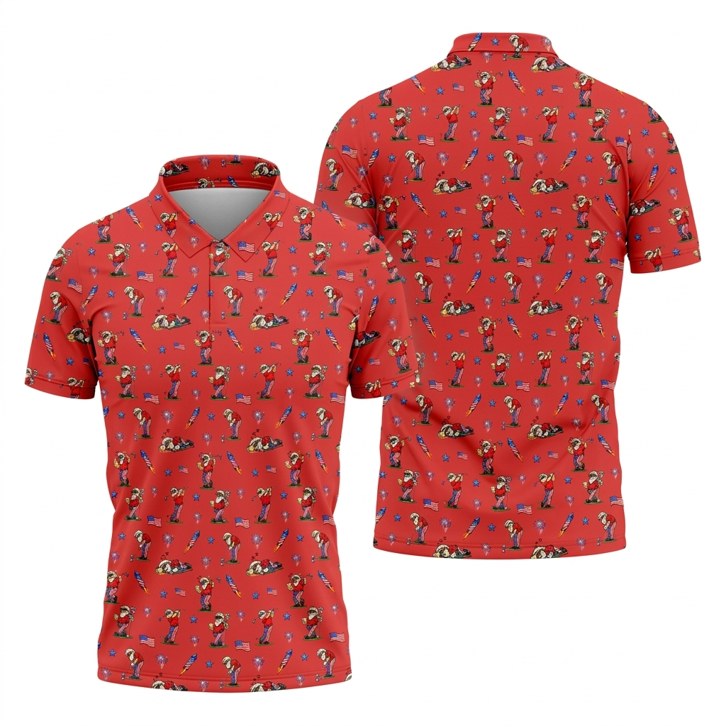 Men's Red Funny Patriotic Golf Polo - 4th of July USA Flag & Beer Pattern Shirt, America 250th Anniversary Performance Top