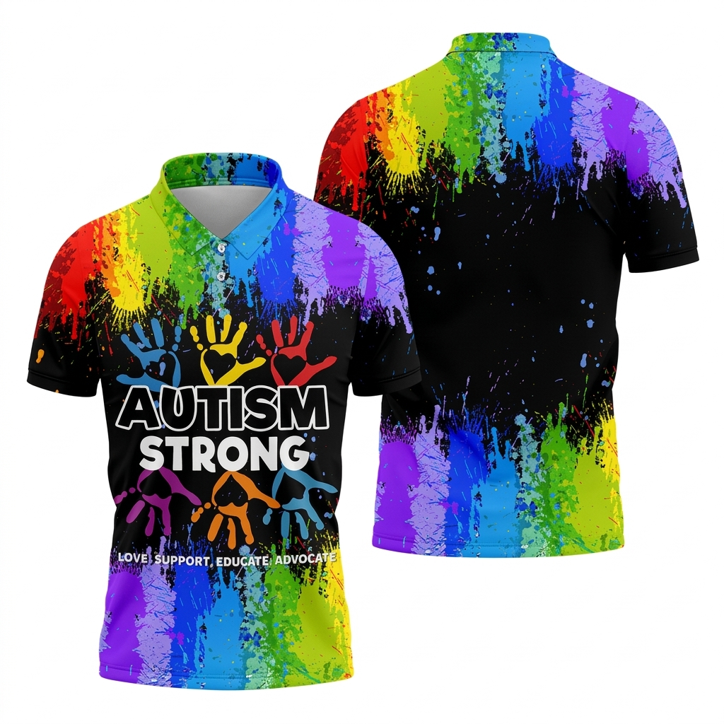 Autism Strong Rainbow Paint Splatter Golf Tops For Men, Autism Awareness Colors Golf Shirts For Men