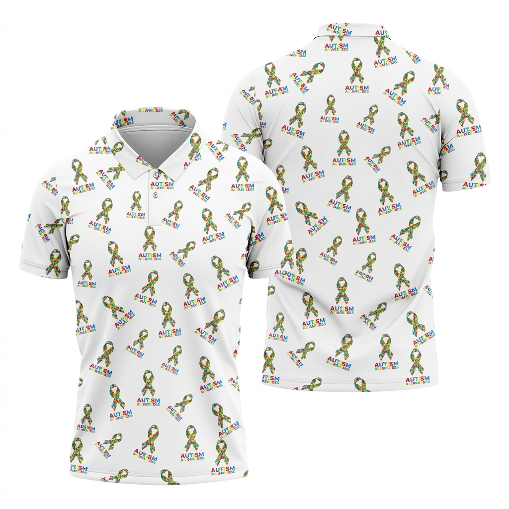 Autism Awareness Colors Autism Ribbon White Golf Shirt, Golf Tops For Men, Golf Shirts For Men