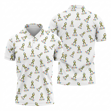 Autism Awareness Colors Autism Ribbon White Golf Shirt, Golf Tops For Men, Golf Shirts For Men