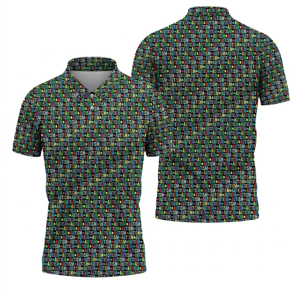 Autism Awareness Colorful Letters Seamless Pattern Golf Tops For Men, Polo Shirts For Men