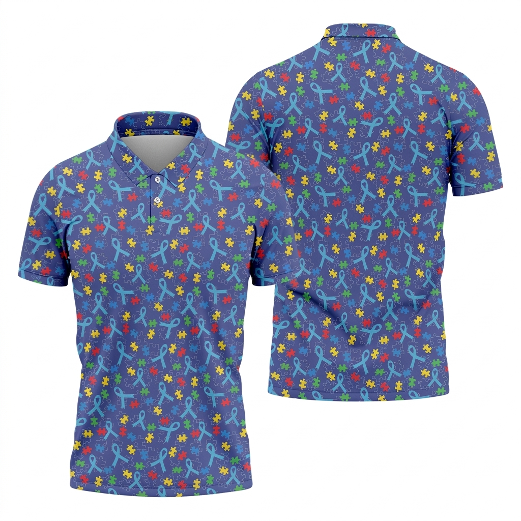 Autism Puzzle Ribbon Pattern Golf Tops For Men, Autism Awareness Color Polo Shirts For Men, Golf Shirts For Men