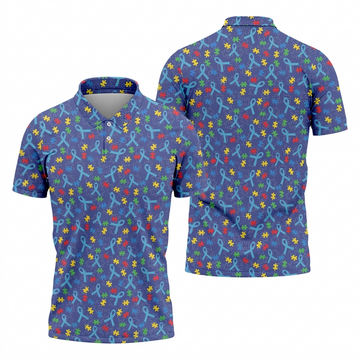 Autism Puzzle Ribbon Pattern Golf Tops For Men, Autism Awareness Color Polo Shirts For Men, Golf Shirts For Men