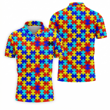Autism Awareness Colorful Puzzle Pattern Golf Tops For Men, Polo Shirts For Men, Golf Shirts For Men