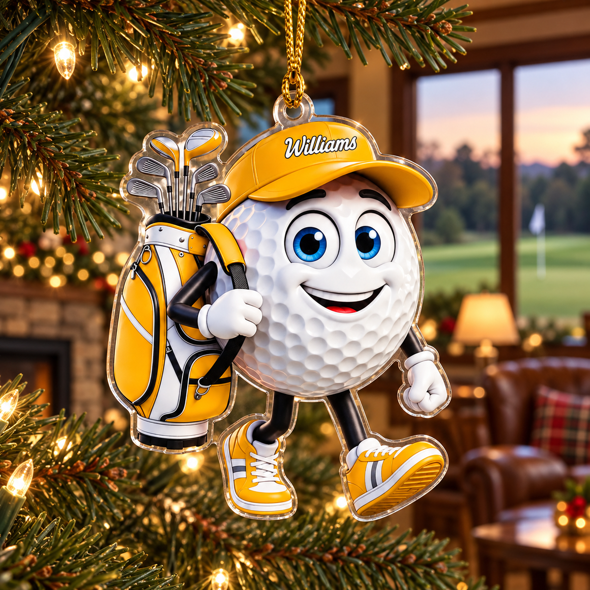 Custom Name Yellow Walking Golf Ball Acrylic Ornament, Christmas Gifts, Golfer Gifts