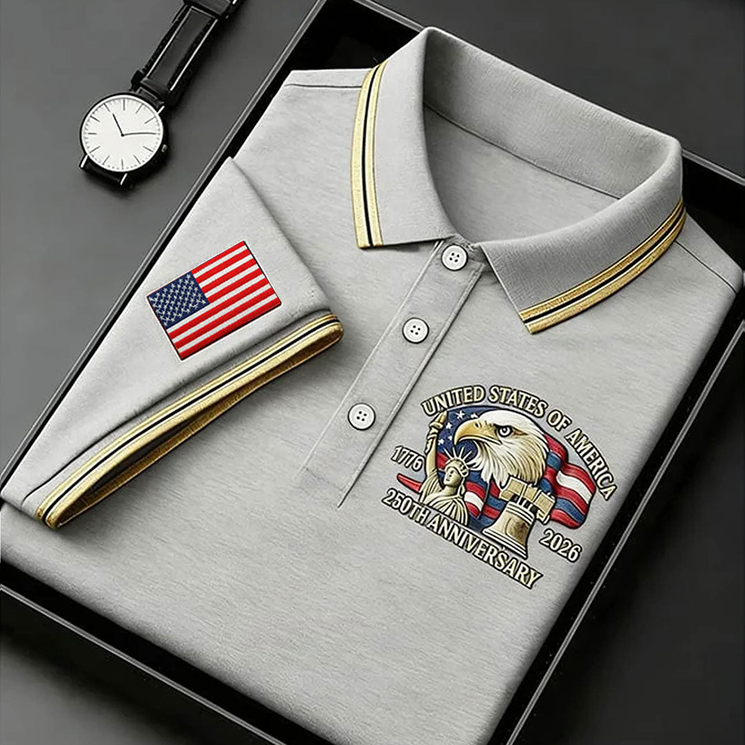 Bald Eagle American Flag 250 Years Grey Golf Shirt, Patriotic 4th Of July Golf Shirts For Men