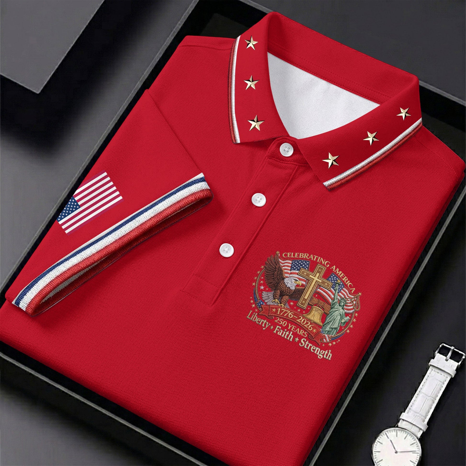 Liberty Faith Strength Faith Cross USA 250 Red Golf Shirt, 4th Of July Golf Shirts For Men