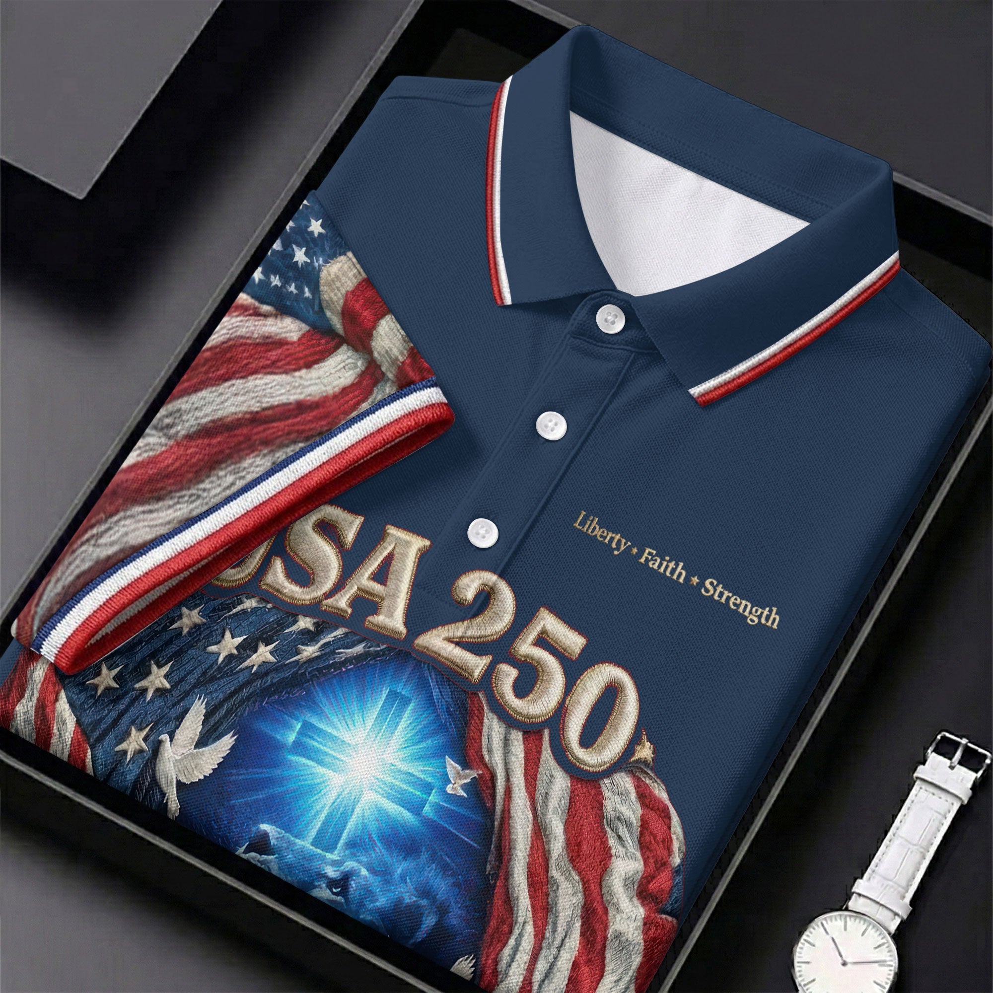 One Nation Under God Faith Cross USA 250 Navy Golf Shirt, 4th Of July Golf Shirt For Women