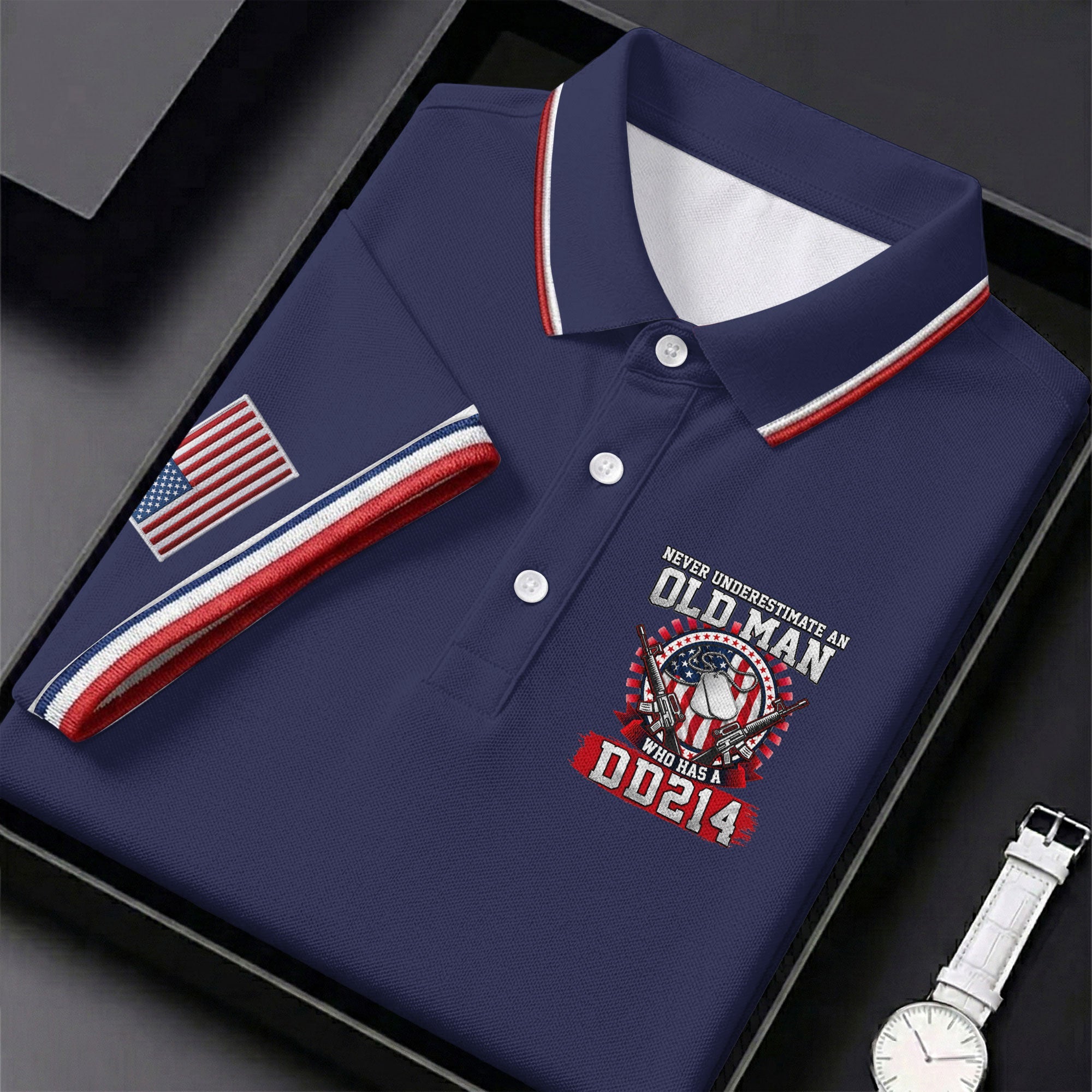 Never Underestimate An Old Man Who Was A DD214 Veterans Golf Shirts For Men, 250 Years Patriotic Golf Shirt