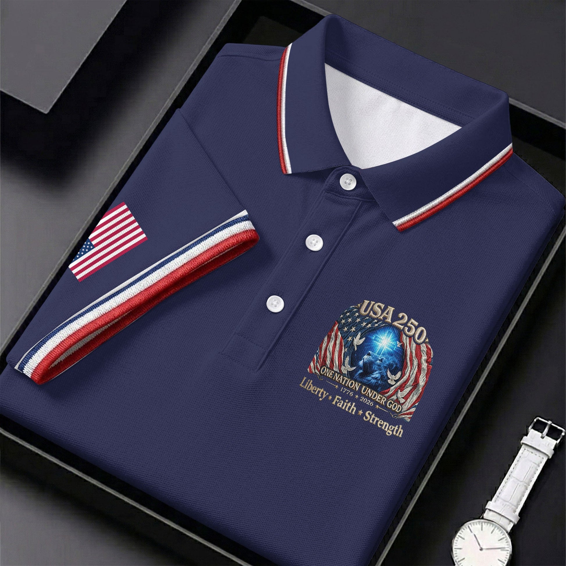 One Nation Under God Faith Cross USA 250 Logo Navy Golf Shirt, 4th Of July Golf Shirts For Men