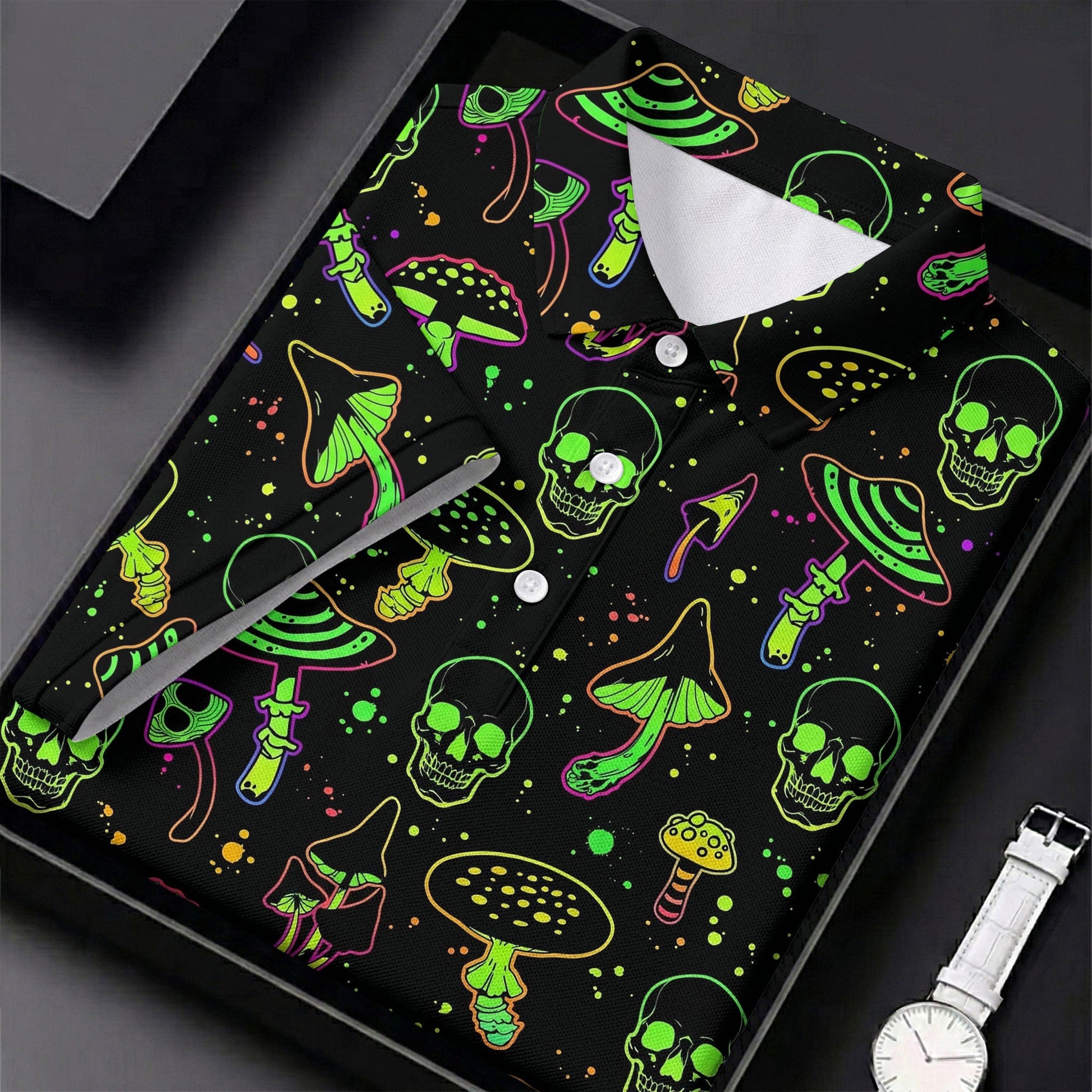 Mushroom And Skull Neon Pattern Hawaiian Golf Shirt, Men's Funny Golf Shirts
